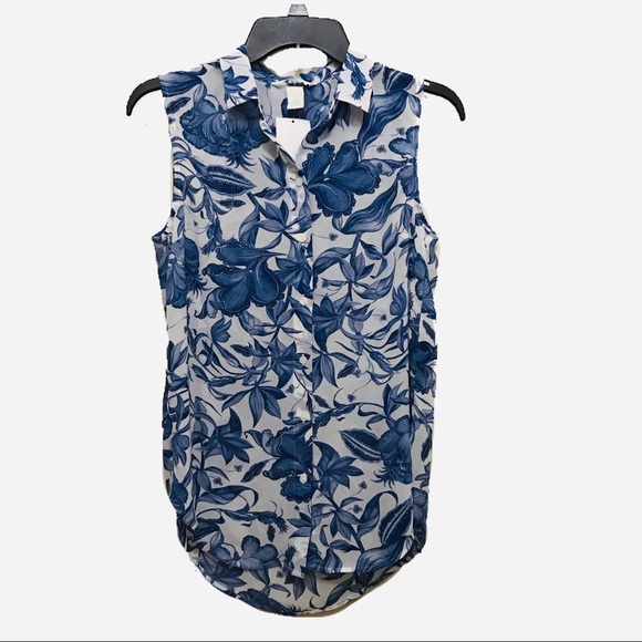 H&M Sheer Floral Blue Button Up Sleeveless Shirt - Picture 1 of 4